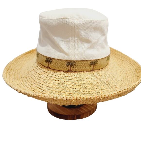Scala Canvas & Straw Sun Hat Palm Tree Cream Tan One Size Beach Summer - Picture 4 of 10